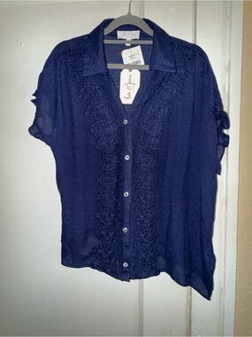 Boho Coastal Romantic Cute & Flirty Navy Embroidered Button-Front Blouse